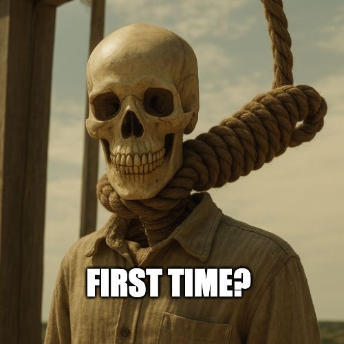 A skeleton standing on a gallows with a noose around its neck and a caption, "First time?".