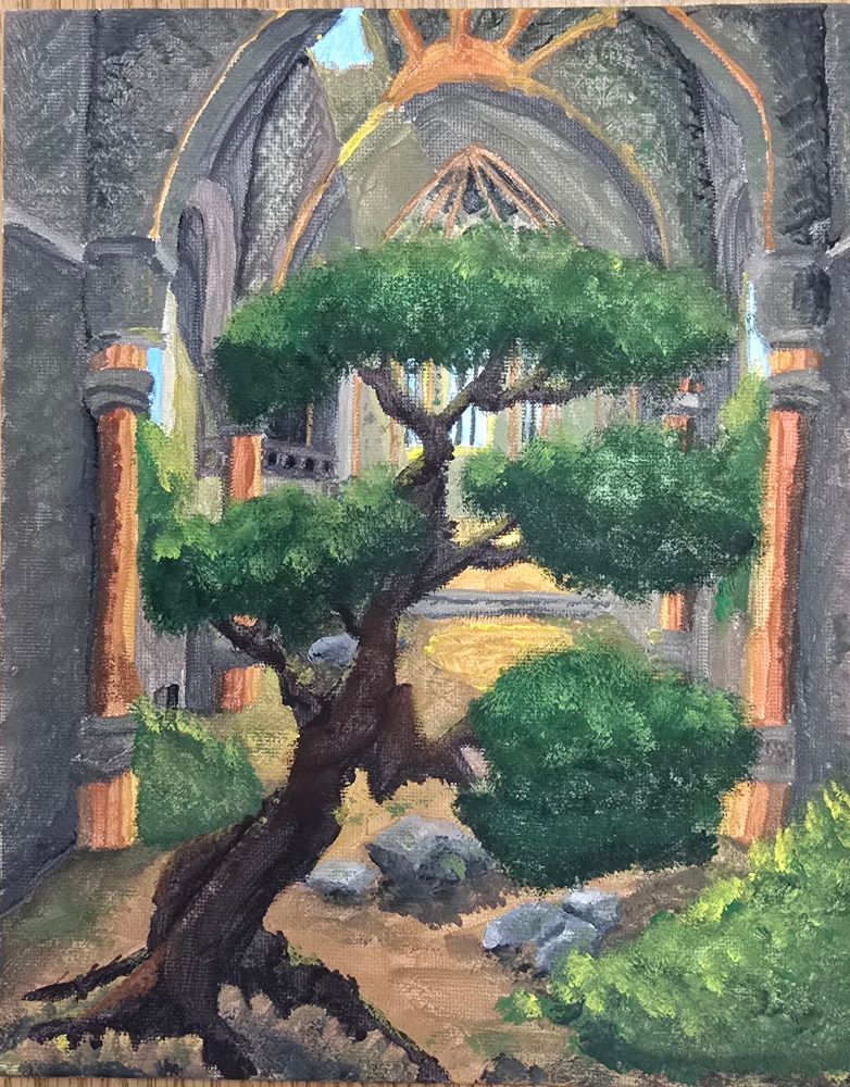A tempera painting of a gnarled oak tree growing up through the floor of the ruins of an abandoned church, light streaming into the building through windows and a hole in the roof with masses of greenery growing from the wall in the right foreground and left midground as well as entering from windows to either side.