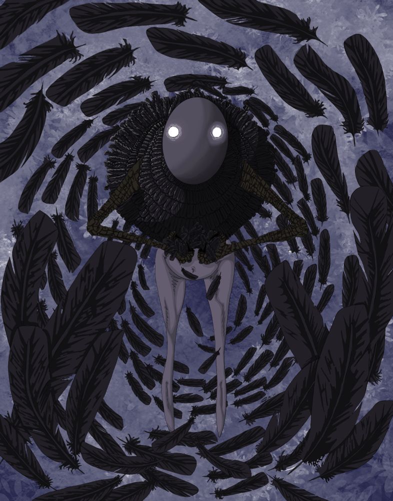 A Grey and black creature stands central in the image, two glowing white eyes the only features on its oval head. It has a circular torso covered in black feathers, and crows legs and feet for its arms and hands, holding a pile of plucked feathers before it. They spill from its hands becoming progressively larger as they drift first down and then out towards the viewer. It has a small grey underdeveloped  lower body with legs terminating without feet. Behind the creature feathers spiral backwards, again growing in size the further along the spiral they become