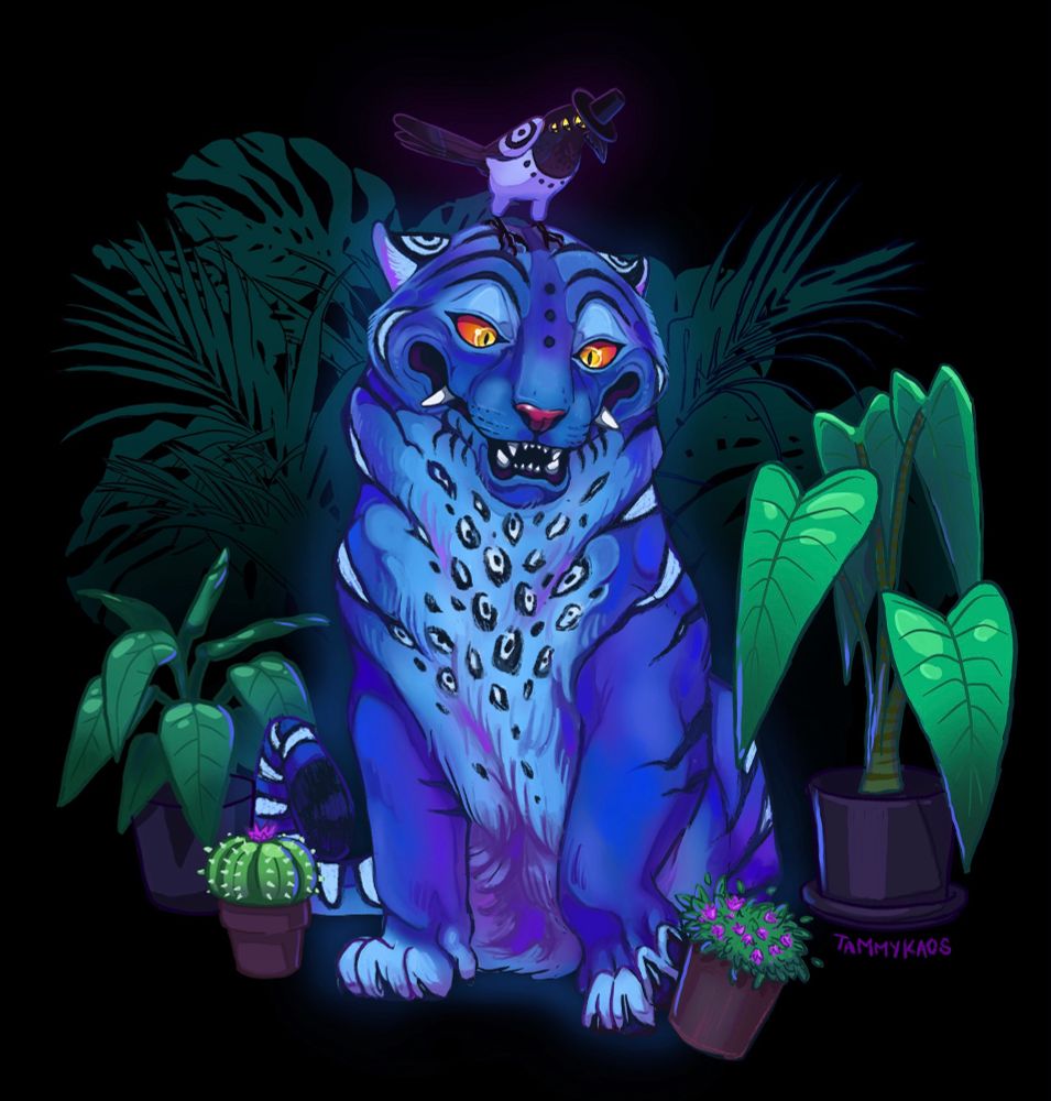 Blue spirit tiger Derpy sitting within a bunch of houseplants with Sussie the Magpie on his head. He's trying to lift up a plant pot he accidentally pushed over.
