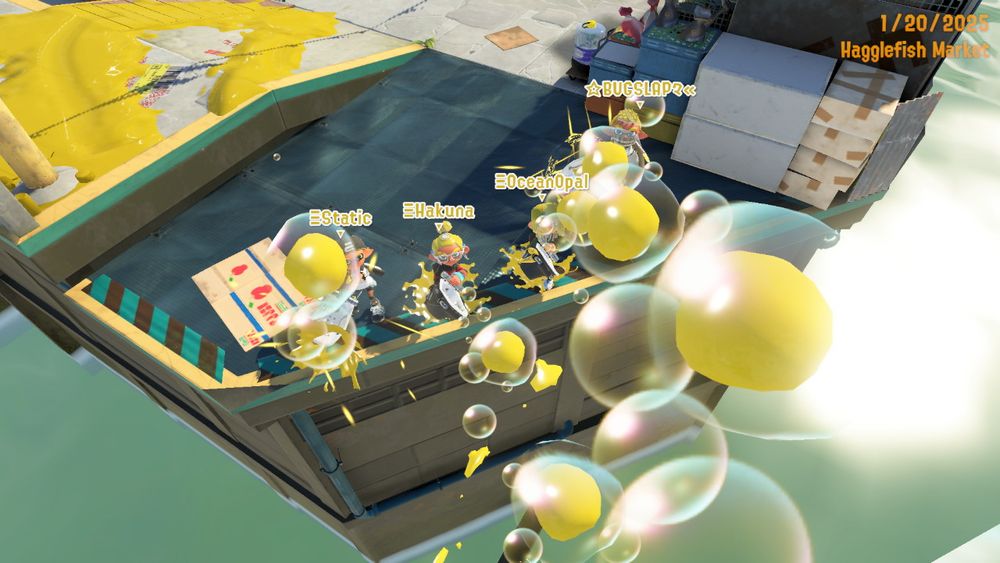 Splatoon 3 post-tourney drip pic of four bloblobber players shooting bubbles into the camera