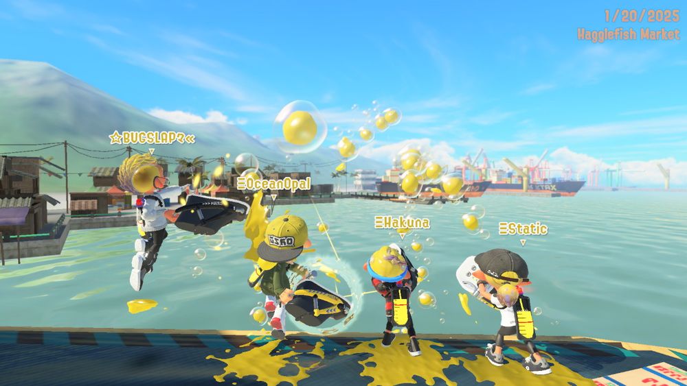 Splatoon 3 post-tourney drip pic of four bloblobber players shooting bubbles into the ocean