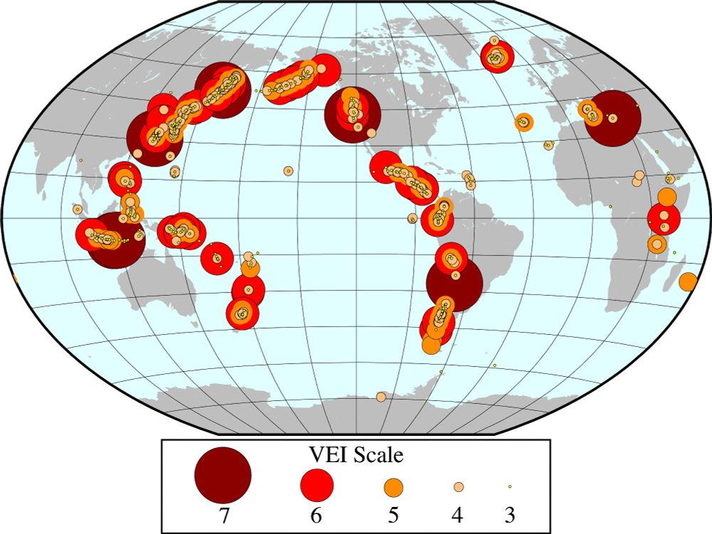 Map of the world with circles of various sizes in shades of red, orange, and yellow.  The circle size and color corresponds to size of explosive volcanic eruption that took place.  There are far more smaller circles than very large circles, indicating that very large eruptions are (thankfully) less common.