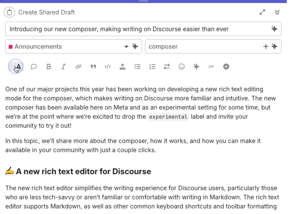 screenshot of new Discourse rich text editor