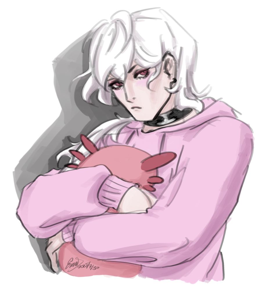 Casper hugging Azrael while wearing a pink hoodie and pouting like the cutie he is.