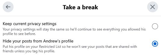 A screenshot of Facebook settings under the title "Take a break".

Heading: Keep current privacy settings
Text: Your privacy settings will stay the same so he'll continue to see everything you allowed his profile to see before.

Heading: Hide your posts from Andrew's profile
Text: Put his profile on your Restricted List so he won't see your posts that are shared with friends unless you tag his profile.

The radio button for the second option has been selected.
