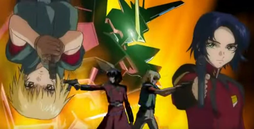 Cagalli and Athrun now stand back to back, Athrun on the left and Cagalli on the right, pointing their weapons away like they are defending each other. The mid-ground is unchanged, still showing Cagalli and Athrun pointing their guns at the camera, but the background has been updated to replace the Aegis with Athrun's new Gundam, the Justice.