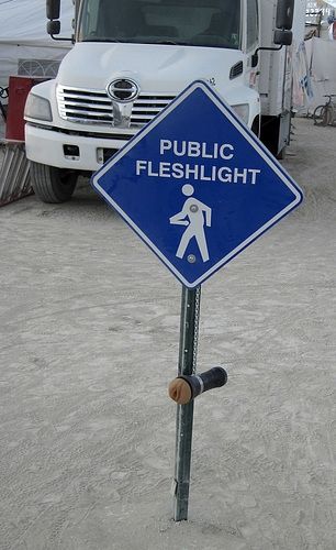 Picture of a metal sign that reads, "PUBLIC FLESHLIGHT" Beneath it, hangs a fleshlight by a short rope.