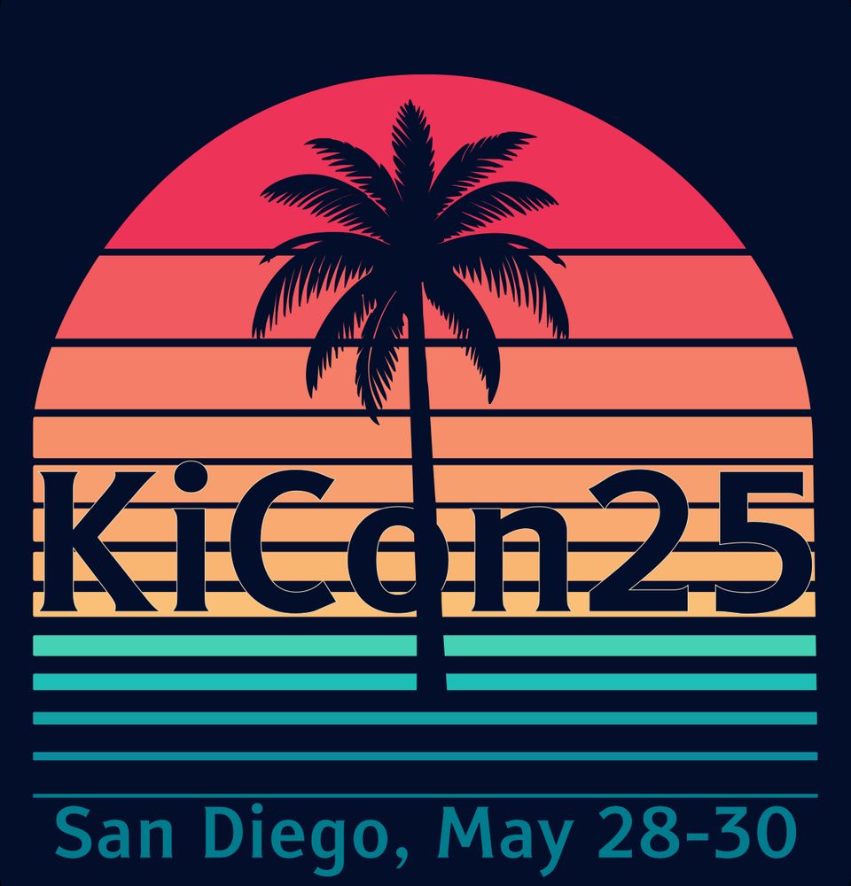 A simple flat illustration of a palm tree at sunset. The sunset is composed of banded solid colors in decreasing line widths, creating a gradient effect. The palm tree is silhouetted giving it a retro appearance. In front of the banded sunset is the word "KiCon25" and at the bottom in a teal green is the text "San Diego, May 28-30