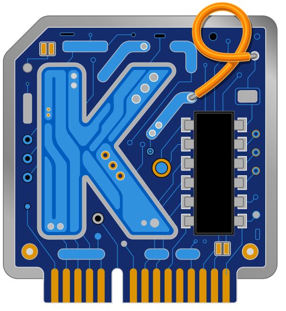 Stylized circuit board, showing a blue "K" with a DIP12 next to it that resembles the Ki from the KiCad logo.  The dot for the "i" is drawn as a gold bodge wire shaped into the number 9