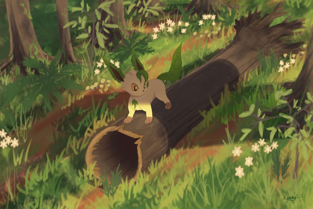 Digital art, a Leafeon standing on a fallen hollowed tree in a forest, looking at somewhere