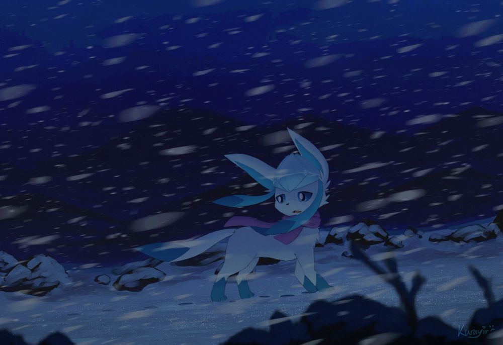 Digital art, a Glaceon with a purple scarf on a snowy mountain path, in a blizzard
