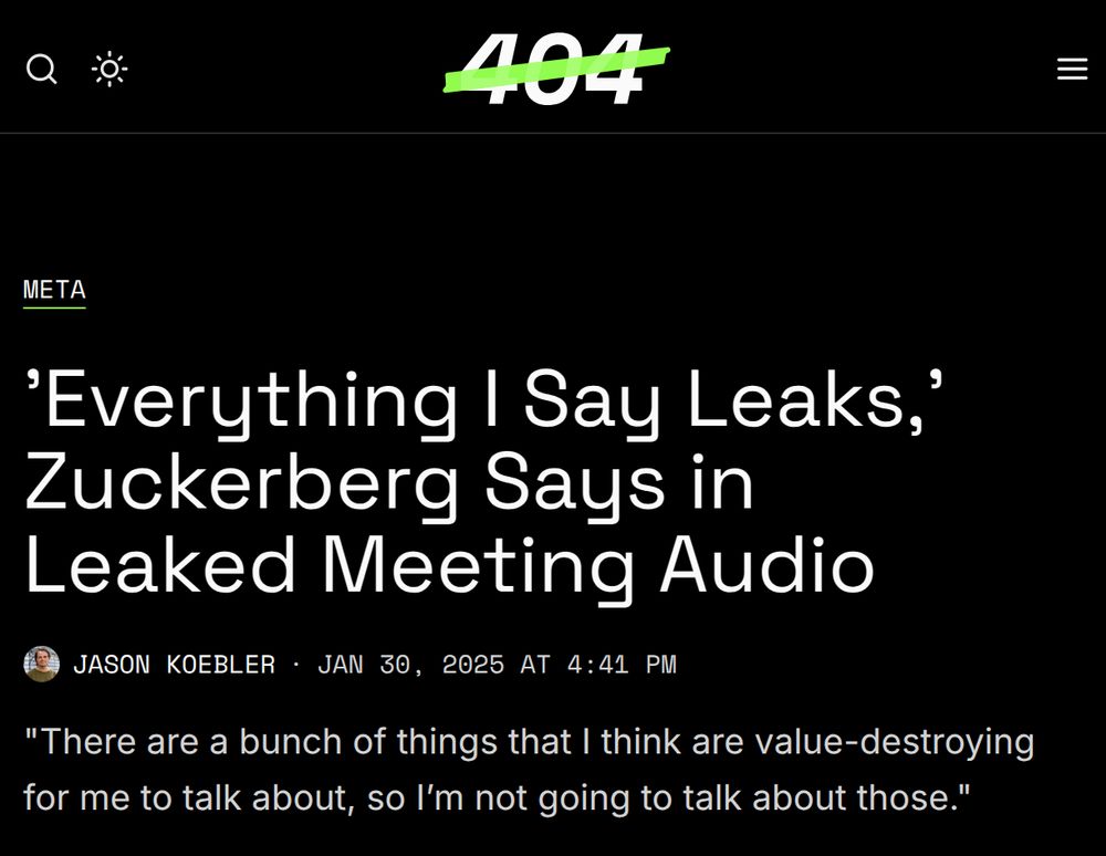 Headline on 404: 'Everything I Say Leaks,' Zuckerberg Says in Leaked Meeting Audio