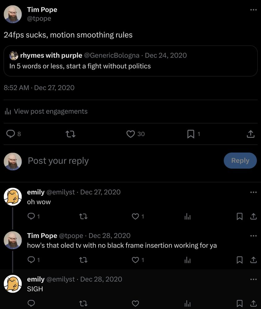 screenshot of the linked tweet by yours truly defending motion smoothing and replies from emily