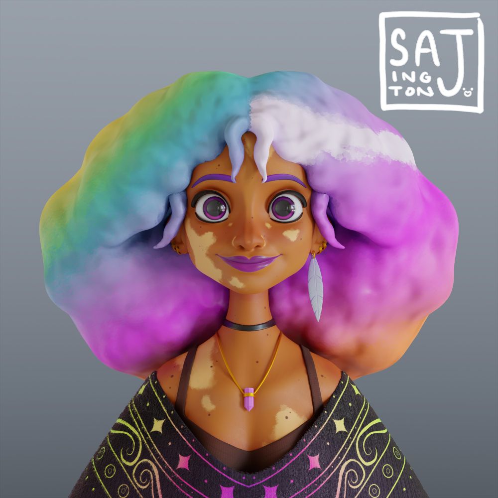 3D model of its.malwa's 2D art depicting a stylized medium toned woman with macules and rainbow hair. She's wearing a black parka with rainbow gradient, brown tank top, purple crystal necklace, black choker, and single feather earring.