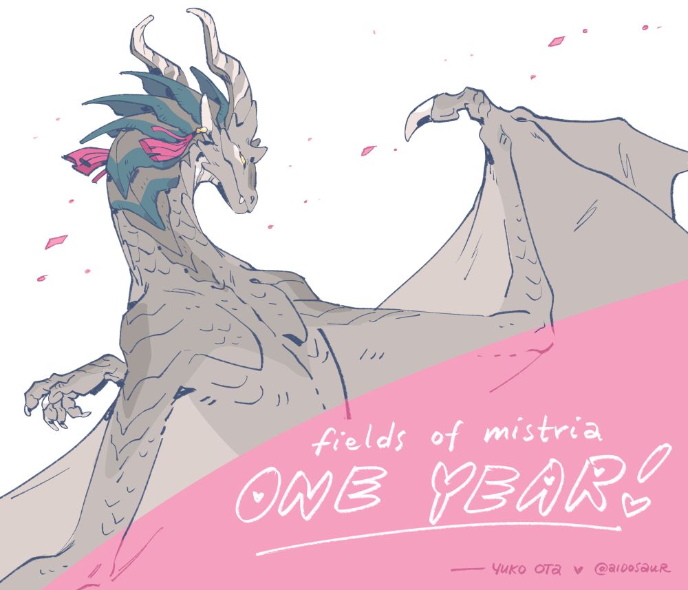 a grey dragon wearing red tassel earrings.

Text reads: Fields of Mistria ONE YEAR!
- Yuko Ota @aidosaur