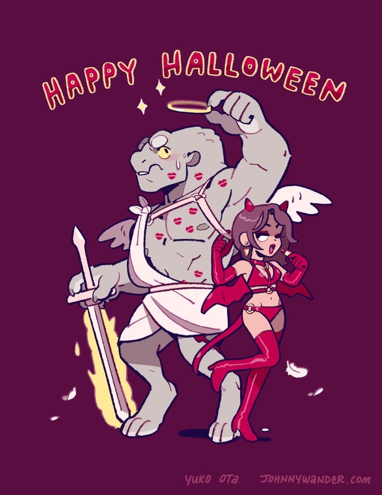 Percy and Leeds are dressed as an angel and devil. Leeds is covered in kisses and Percy is reapplying her lipstick.