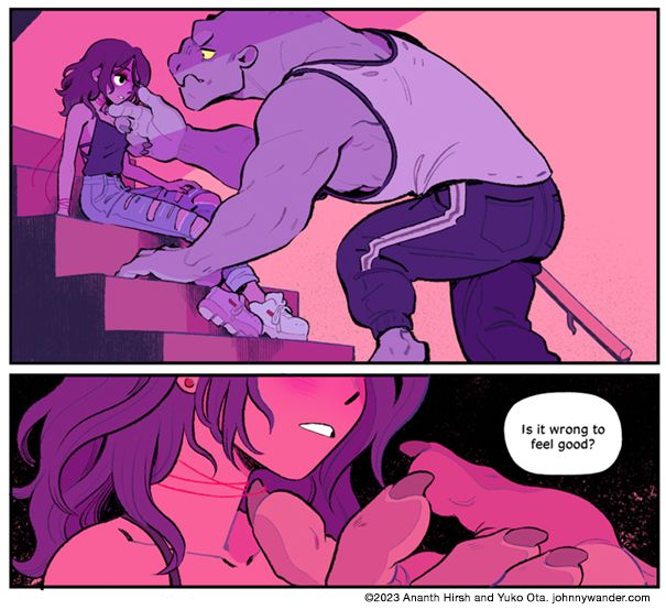 Panel 1: Leeds looms over Percy.
Panel 2: He pulls at her string choker.
Dialogue:
Leeds: "Is is wrong to feel good?"