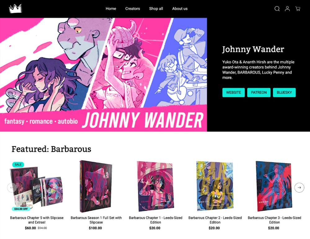 Screenshot of the Johnny Wander online store at CRWN!!!