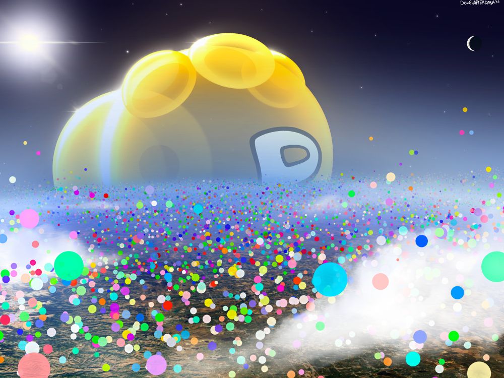A gigantic yellow sentient overinflated P-Balloon (named P, it/it's) looms over earth like a small moon. The light of the sun passes through it's thin rubber skin and bathes the surface in yellow light, causing everyone caught in the shadow to swell up into a huge inflated balloon and float up into the clouds.
