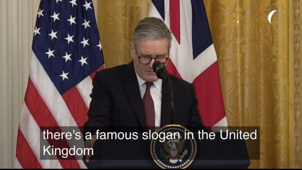 Kier Starmer delivering a speech in the US. The flags of both nations are visible behind him. There is a caption across the images which reads, there's a famous slogan in the United Kingdom.