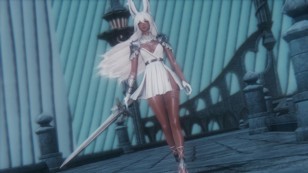 dutch angle shot of Aura clad in mythic warrior attire walking imposingly toward the camera