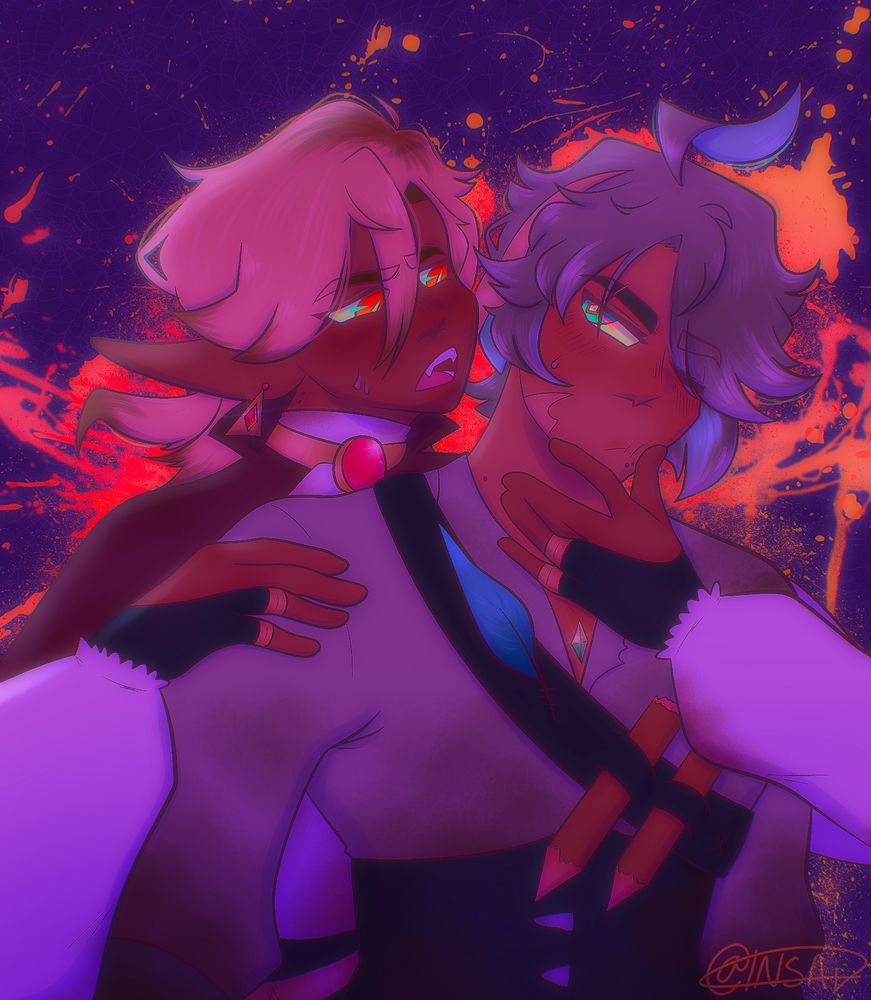 Vampire Kaveh holding vampire Hunter Alhaitham, about to take a big ol chomp outta his neck