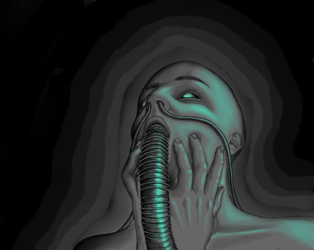 Digital drawing of a bald person with tubes coming out of their mouth and nostrils 