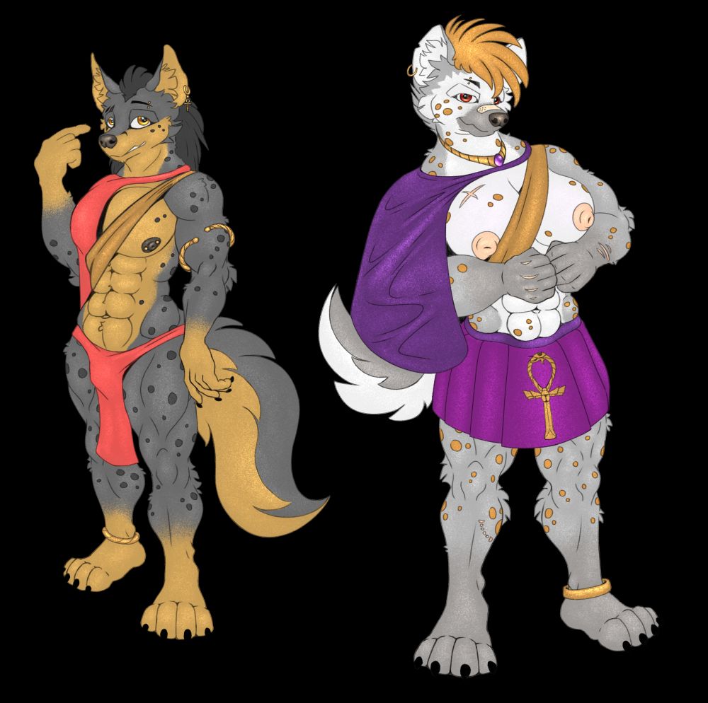 Two full body images of "Dew", a jackal-hyena hybrid man on the left and "Seth", an albino hyena woman on the right.

Both of them wear a golden sash across their chest, shoulder capes of their favorite color as well as golden jewelry and piercings on their bodies. Both are very muscular, almost statuesque. They are also equally wearing very little to show off their bodies: Dew only has a loincloth showing off a bit of bulge, while Seth wears a skirt with an uniquely designed ankh symbol embroided upon it's front.

Dew has a curious look on his face, pointing at himself with a "who, me?" expression. Seth is showing off her muscles and giving a confident smirk to the viewer.