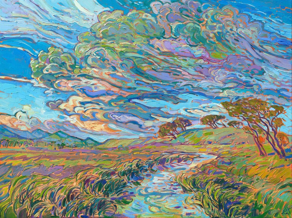 "Pastoral Sky" painting by Erin Hanson.

"A billowing cluster of wind-swept clouds arches above the pastoral landscape of Oregon's Willamette Valley. A winding river runs placidly through the fields, reflecting the movement of clouds above."