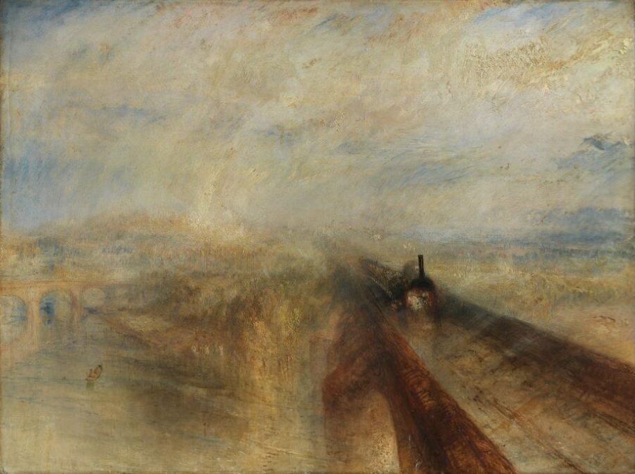 A painting  of a train amid rain and steam, by Joseph Mallord William Turner in 1844.