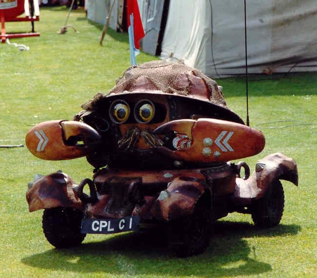 An image of the crab animatronic Captain Crabs, which is kind of a crab soldier but with an armoured car chassis for legs, from the White Cliffs Experience.