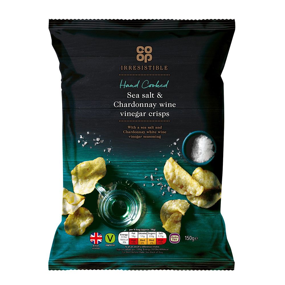 A bag of Co Op Irresistible Hand Cookedk Sea Salt & Chardonnay wine vinegar crisps