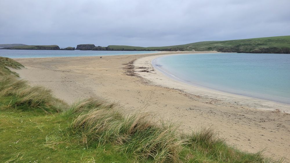 A sand tomobolo, with the sea on both sides, stretching towards St Ninian's Isle