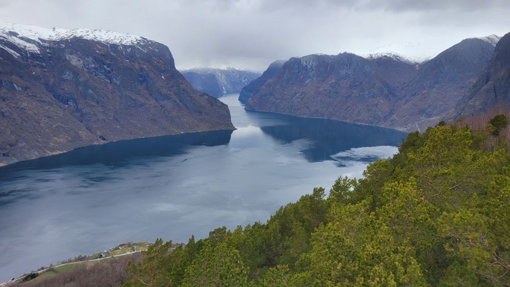 Looking down on Aurlandsfjord from an elevated viewpoint at Stegastein near Flåm