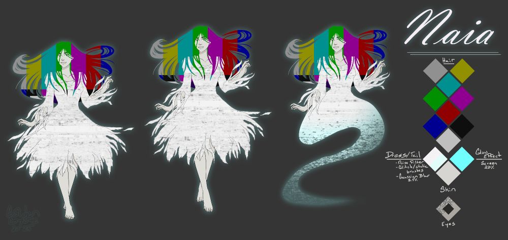 Ghost girl with hair that looks like a color bar test pattern and a dress made of noise static 