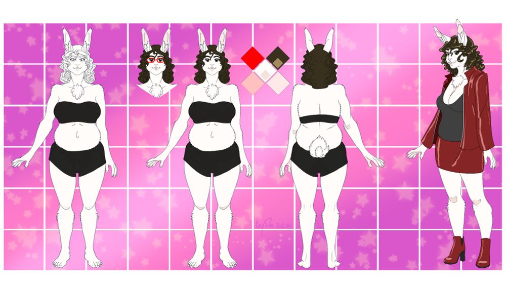 White furred bunny lady stands in reference poses and in a red jacket and skirt with low-cut black top and red heeled boots. 