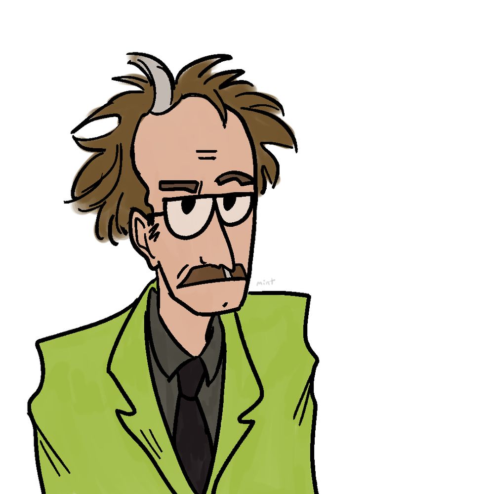 A sort of bust drawing of Dr. Forrester from the show Mystery Science Theater 3000. His brow is furrowed.