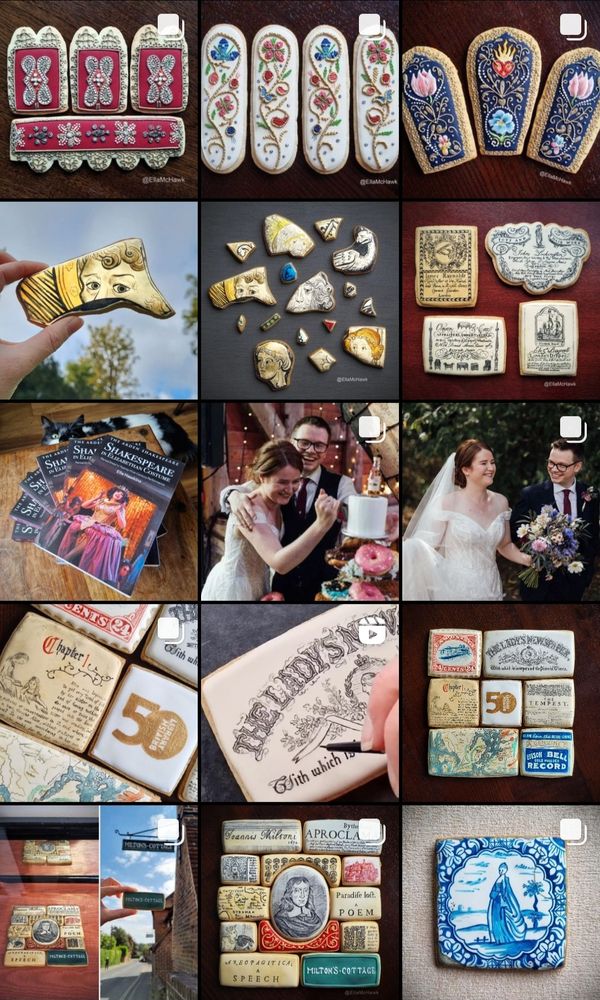 A mosaic of 15 small images of biscuits. Some of the biscuit sets pictured look like Elizabethan embroidery, and one is inspired by 18th-century trade cards. One square shows a close-up image of a biscuit being painted by hand. 