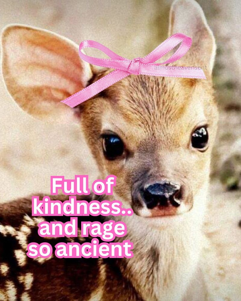 image: a fawn with a bow
text: full of kindness..and rage so ancient 