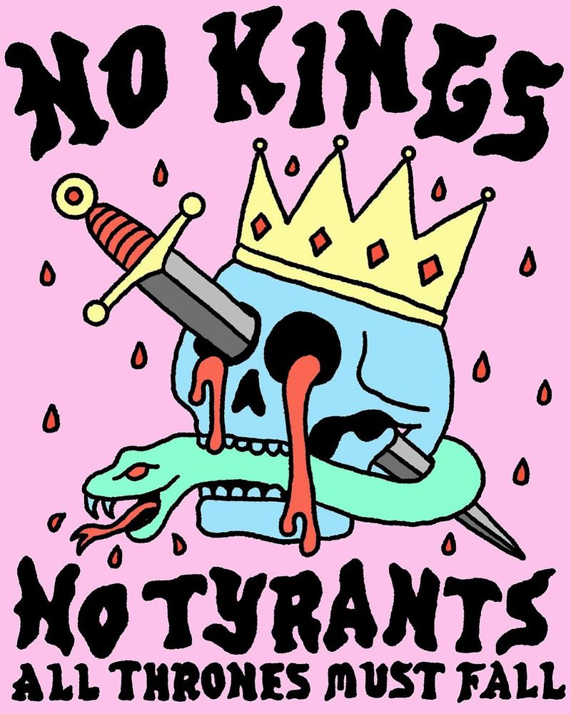 a crowned skull with a sword through and eye with a snake, “no kings no tyrants, all thrones must fall