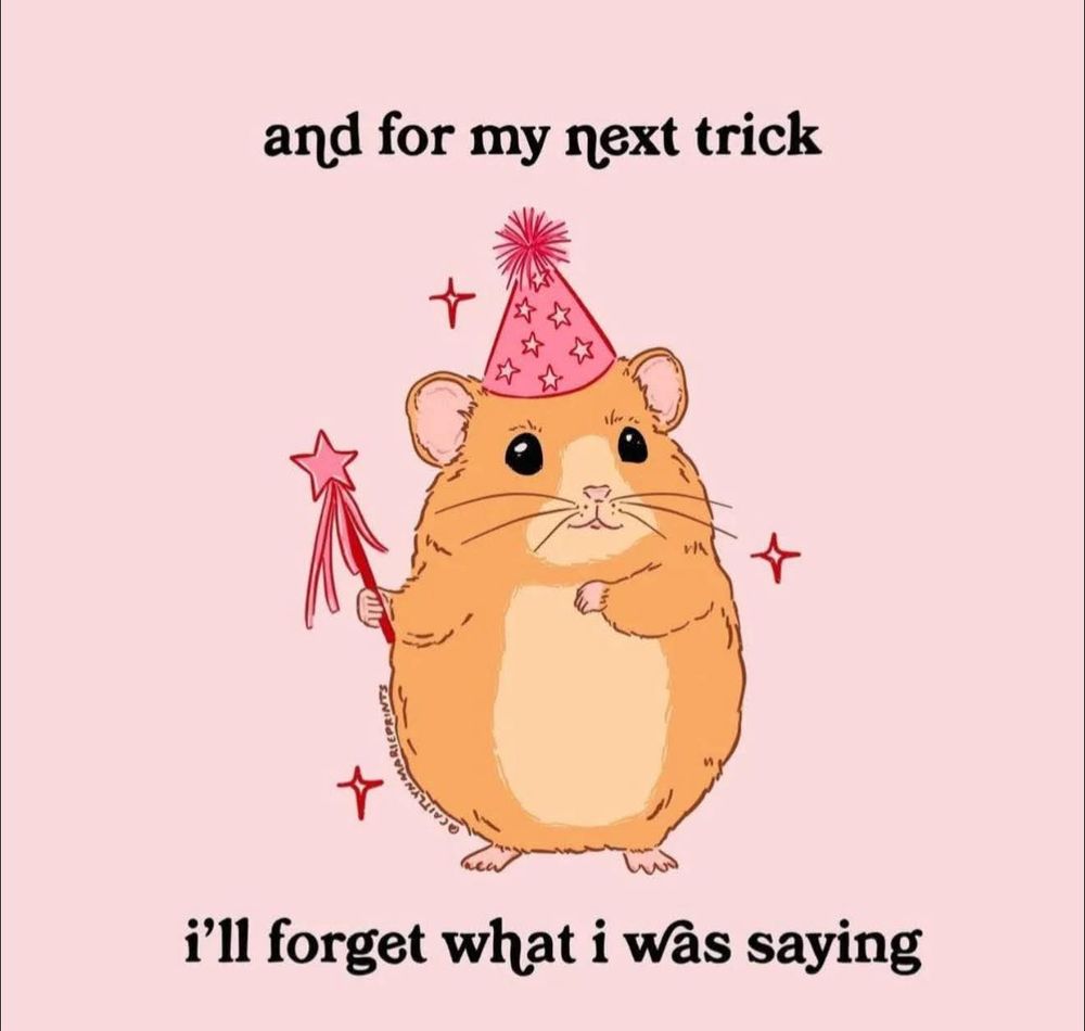 and for my next trick
i’ll forget what i was saying 
image: small hamster in a pink wizard hat with wand 