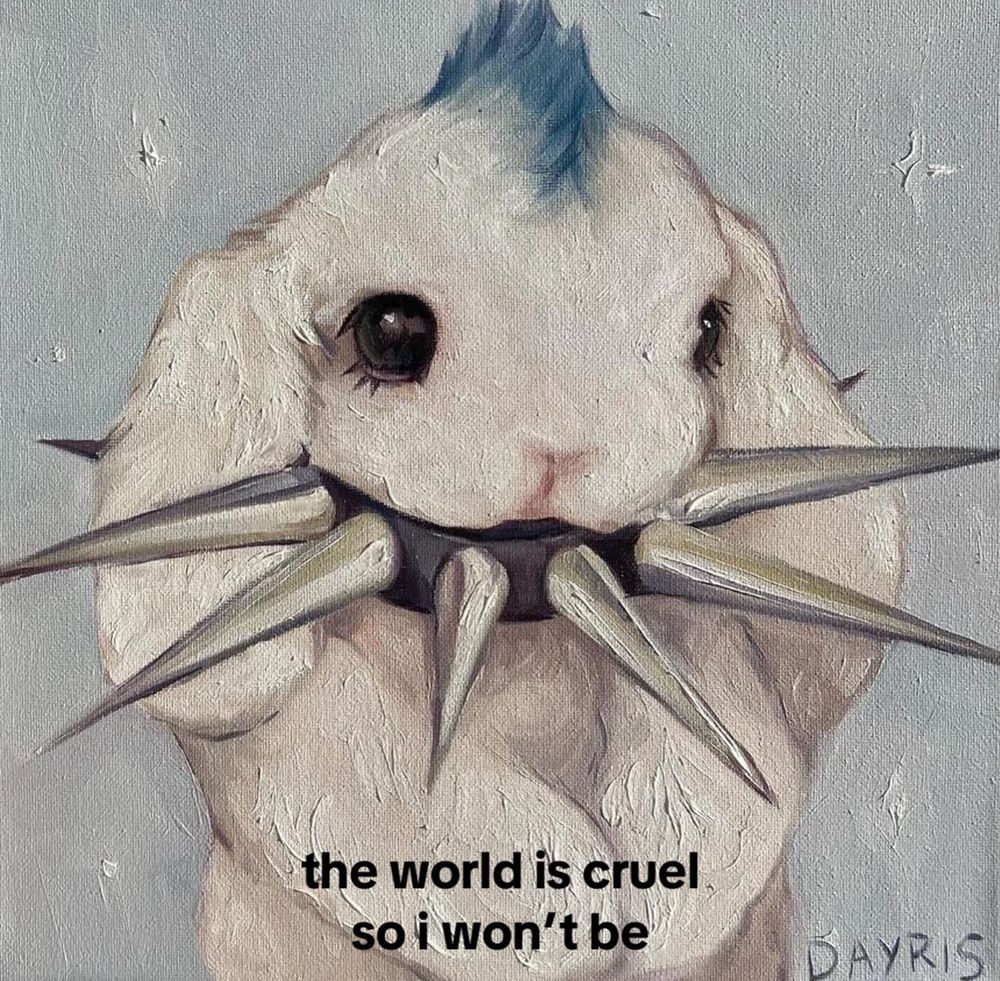 a white bunny with a blue mohawk and spiked collar by Dayrjs, “the world is cruel so i won’t be”