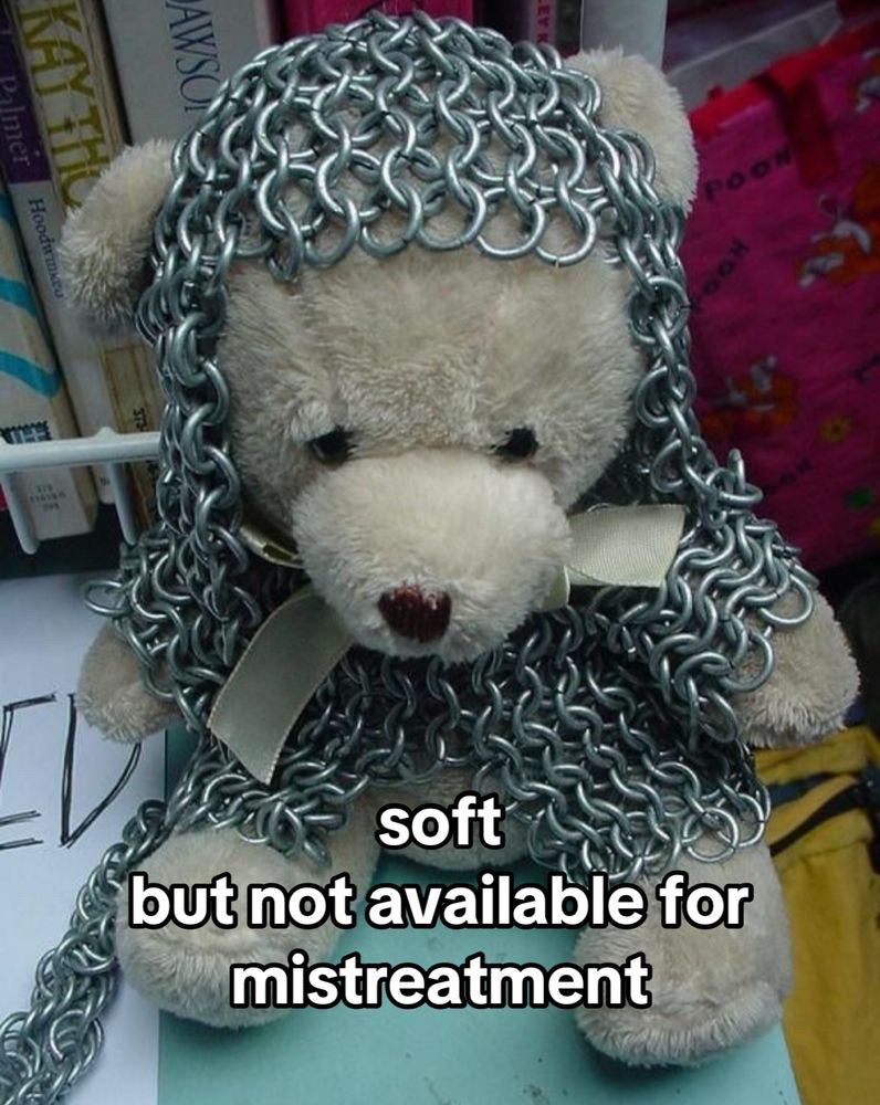 soft but not available for mistreatment over a teddy bear in chainmail 