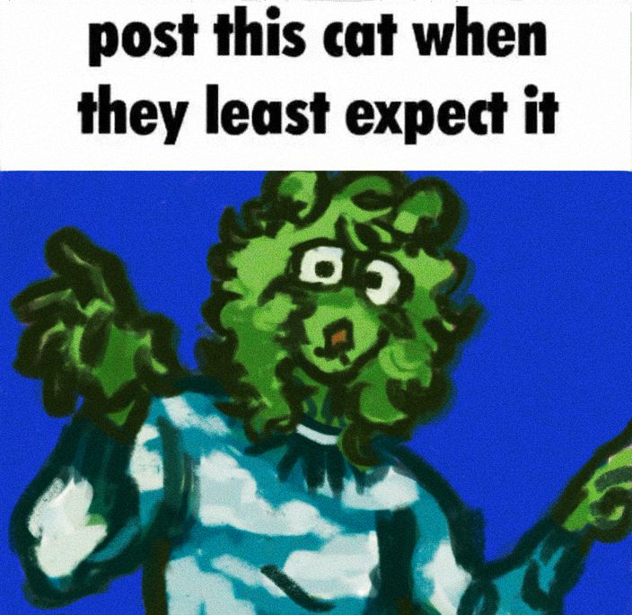 My fursona making a stereotypical mr beast pose with the text above saying “post this cat when they least expect it”