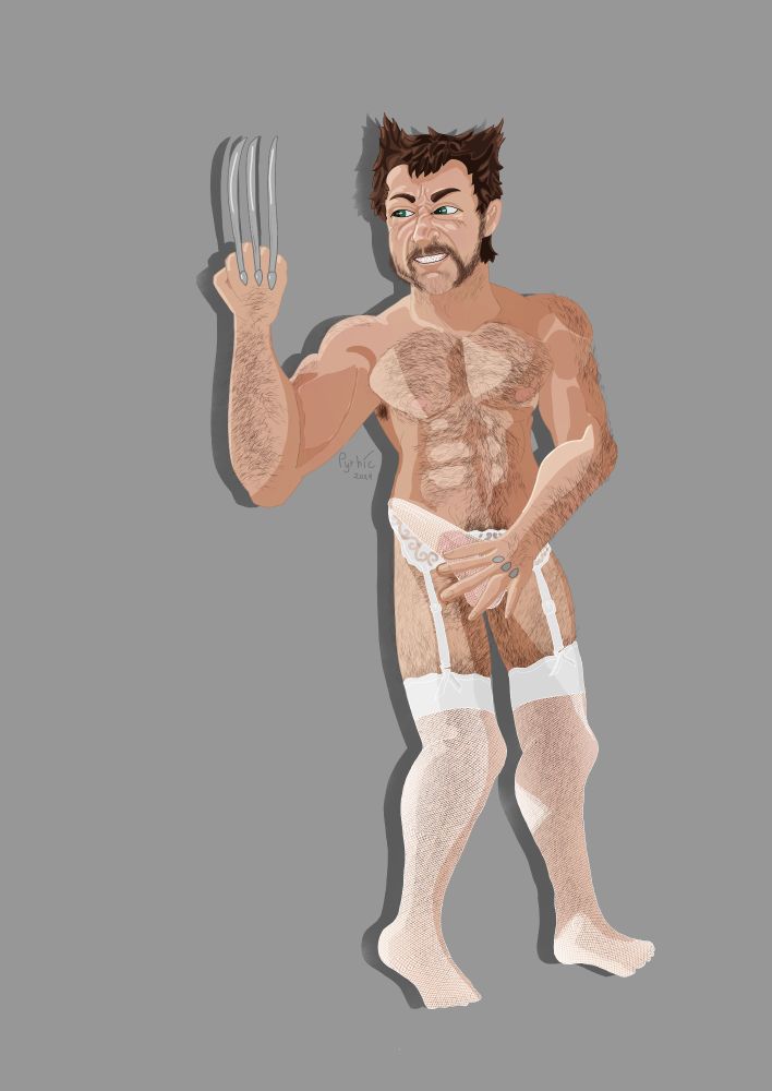 A drawing of Logan Howlett AKA Wolverine from Deadpool & Wolverine. He is hairy and have a snarl. He is also wearing white see through stockings wit a white see through thong aka lingerie. The art is also cell shaded.