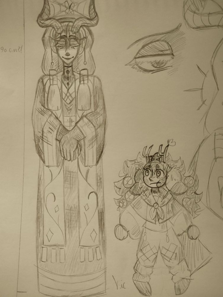 Un boceto de uno de mis personajes, se llama Deirdre, tiene cuernos y mide casi 3 metros de altura :> 

El dibujo es una comparación de altura con otro de mis Ocs 