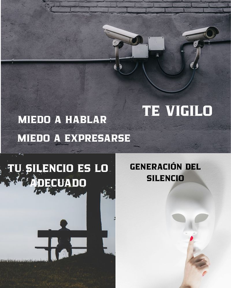 En la parte superior, y ocupando la mitad de la presentación, en blanco y negro, dos cámaras de vigilancia. Debajo de ellas hay tres frases: TE VIGILO, MIEDO A HABLAR, MIEDO A EXPRESARSE.
Abajo, a la izquierda, la silueta de una persona sentada en un banco bajo un árbol. Encima de la imagen la frase: TU SILENCIO ES LO ADECUADO. Junto a esta imagen, a la derecha, una máscara blanca, con una mano tapando con un dedo la boca solicitando silencio. Encima de esta imagen la frase: GENERACIÓN DEL SILENCIO.
