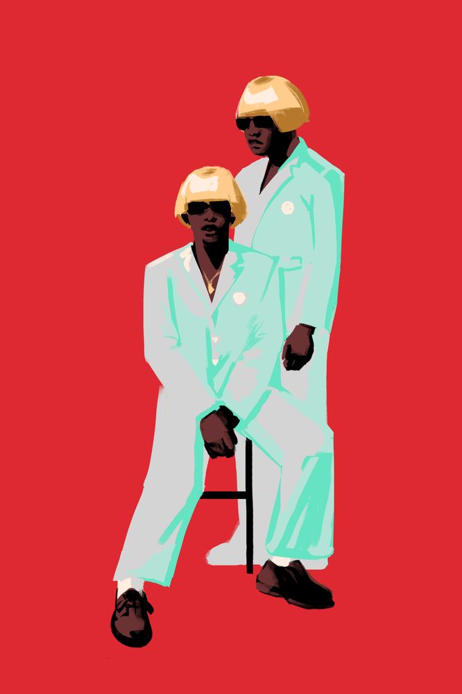 identical figures from tyler the creater's EARFQUAKE music video. one is seated and the other is standing very closely behind, painted starkly against a flat red background
