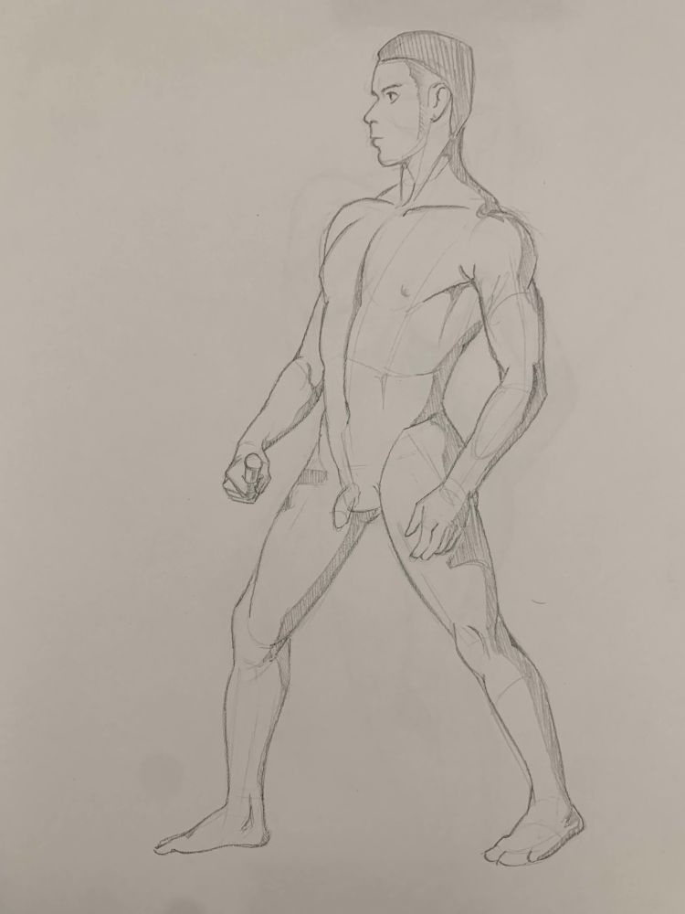a graphite study of a muscular person in the nude, standing braced and facing leftward